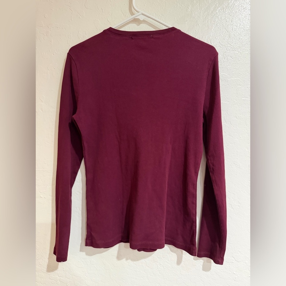 Lauren Ralph Lauren Women's Burgundy Ruffle Front Long Sleeve Cotton Top size L - Picture 3 of 5